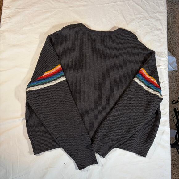 Pull & Bear women’s grey crew neck sweater. Rainbow stripe sleeves. Size M. - Picture 3 of 5